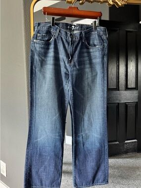 7 For All Mankind Women's Straight Jeans in Distressed Blue Denim